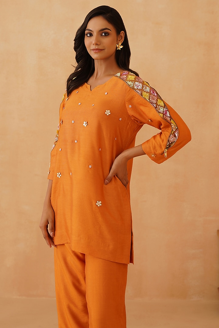 Orange Cotton Silk Chitta Work Co-ord Set by Rishika Singh at Pernia's Pop Up Shop