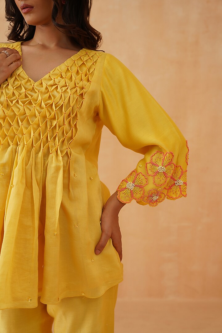 Yellow Chanderi Embroidered Co-Ord Set Set by Rishika Singh at Pernia's Pop Up Shop