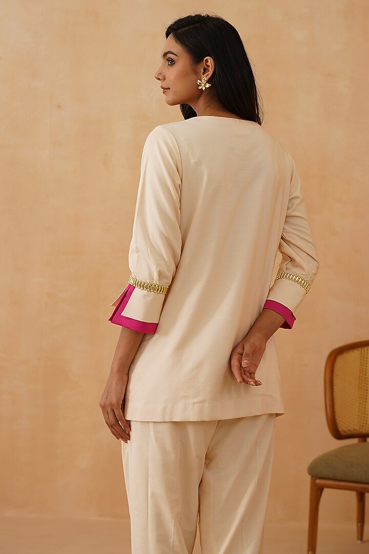 Beige Chanderi Lace Work Co-Ord Set by Rishika Singh at Pernia's Pop Up Shop