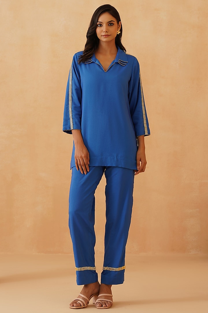 Blue Chanderi Moti Work Co-Ord Set by Rishika Singh at Pernia's Pop Up Shop