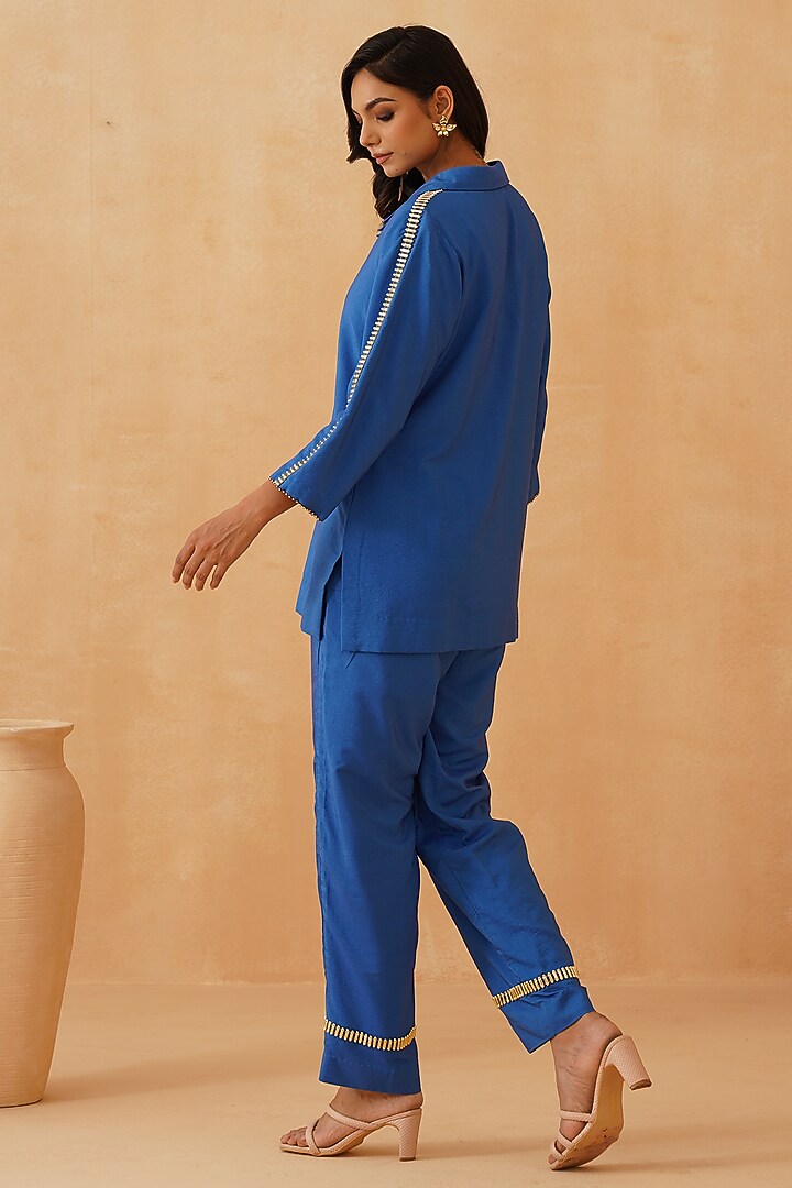 Blue Chanderi Moti Work Co-Ord Set by Rishika Singh at Pernia's Pop Up Shop