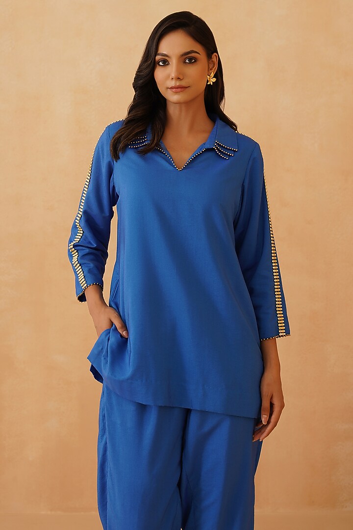 Blue Chanderi Moti Work Co-Ord Set by Rishika Singh at Pernia's Pop Up Shop