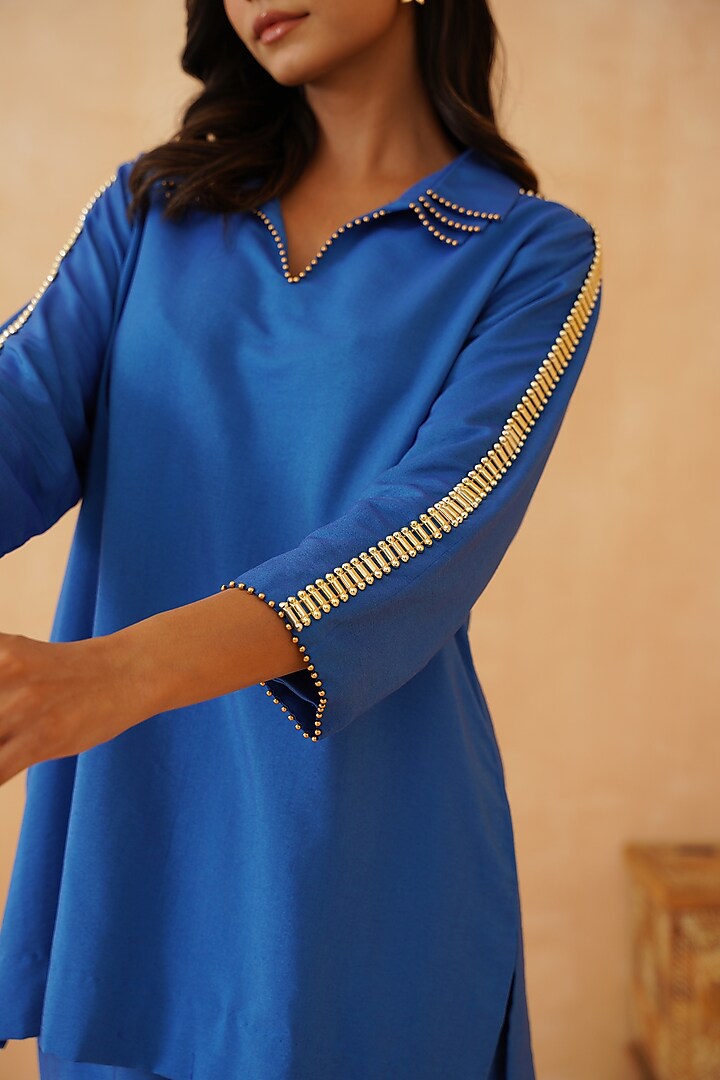 Blue Chanderi Moti Work Co-Ord Set by Rishika Singh at Pernia's Pop Up Shop