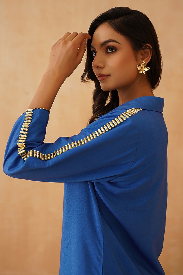 Blue Chanderi Moti Work Co-Ord Set by Rishika Singh at Pernia's Pop Up Shop