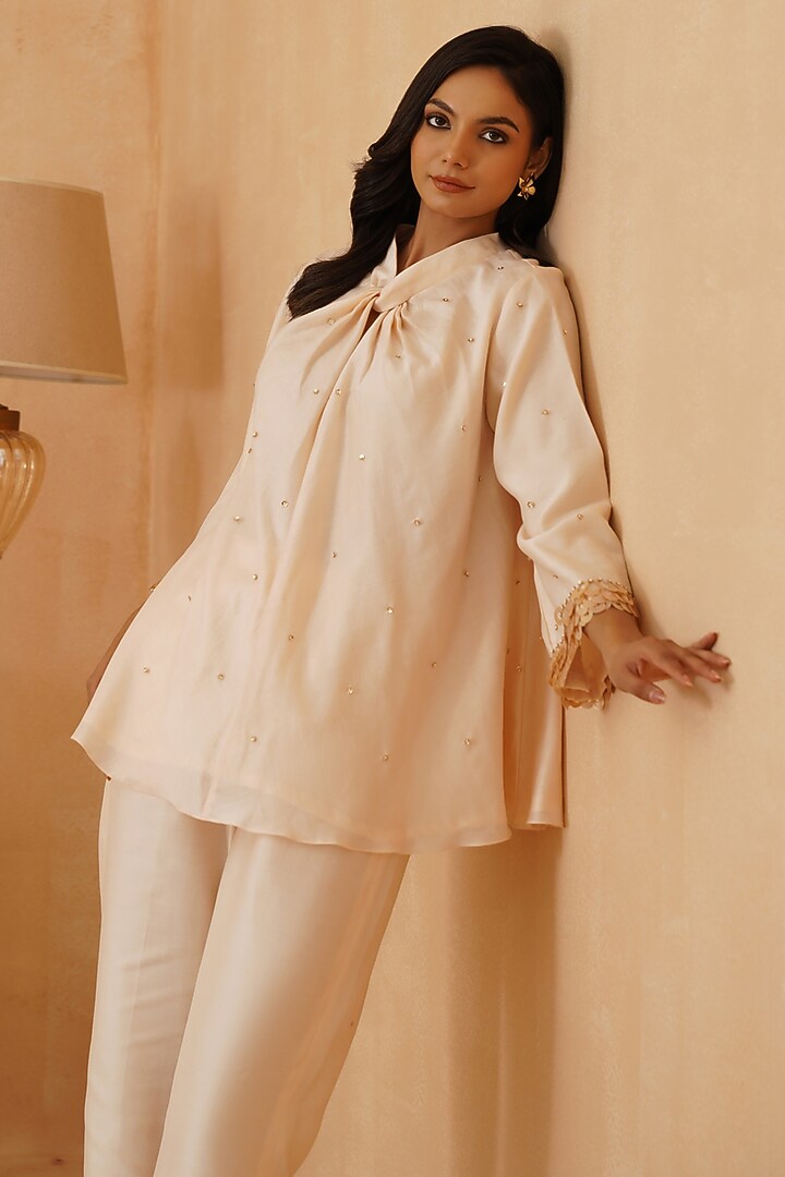 Beige Chanderi Sequins Embroidered Co-Ord Set by Rishika Singh at Pernia's Pop Up Shop
