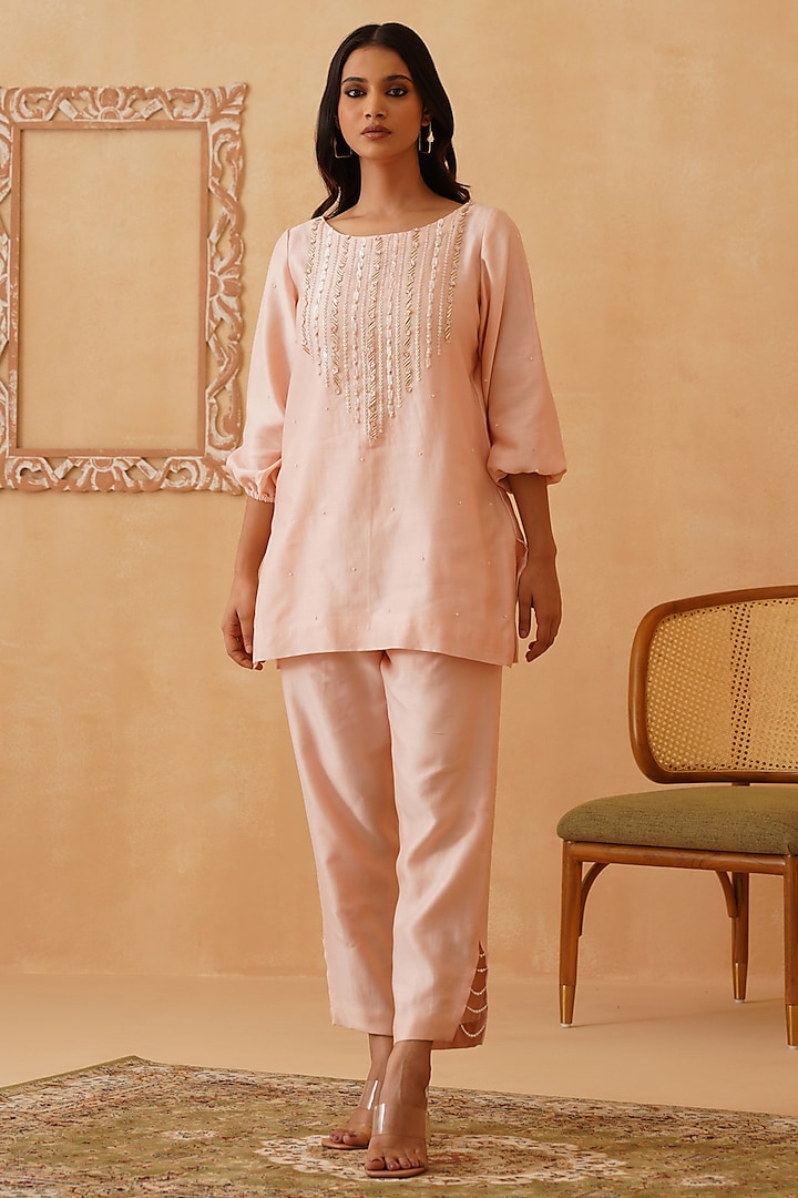 Light Pink Crepe Sequins Embroidered Co-Ord Set by Rishika Singh at Pernia's Pop Up Shop