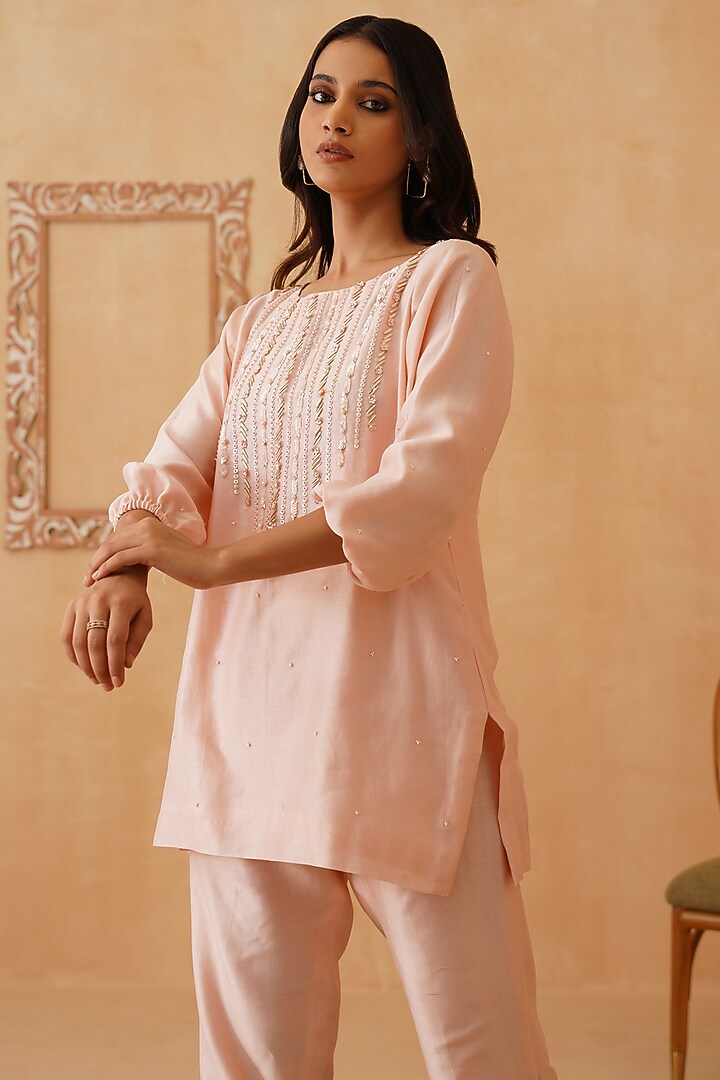 Light Pink Crepe Sequins Embroidered Co-Ord Set by Rishika Singh at Pernia's Pop Up Shop