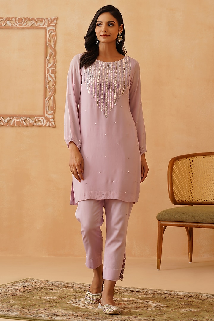 Lilac Crepe Sequins Embroidered Co-Ord Set by Rishika Singh at Pernia's Pop Up Shop