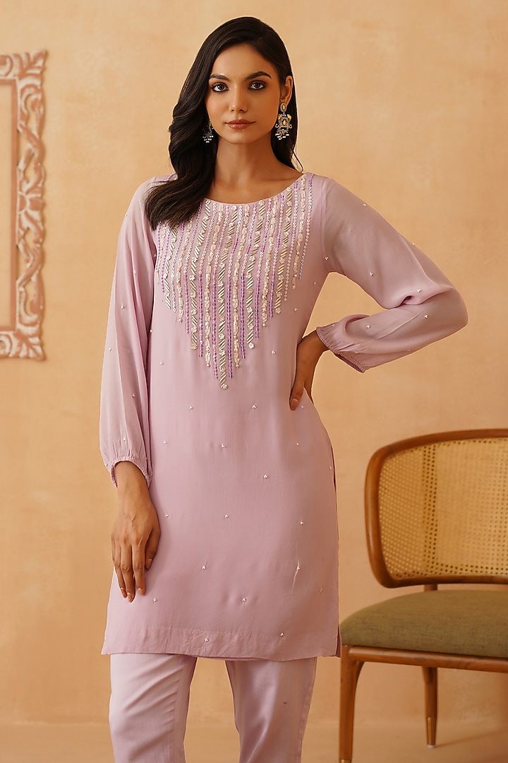Lilac Crepe Sequins Embroidered Co-Ord Set by Rishika Singh at Pernia's Pop Up Shop