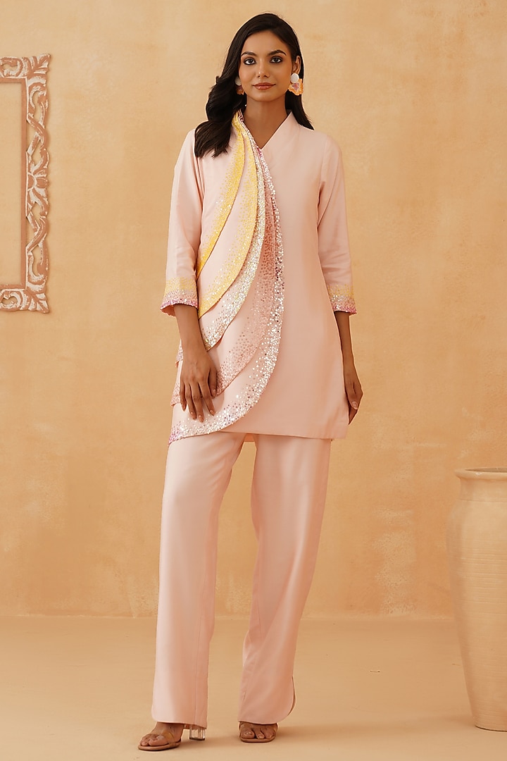 Light Pink Cotton Silk Sequins Embroidered Co-Ord Set by Rishika Singh at Pernia's Pop Up Shop