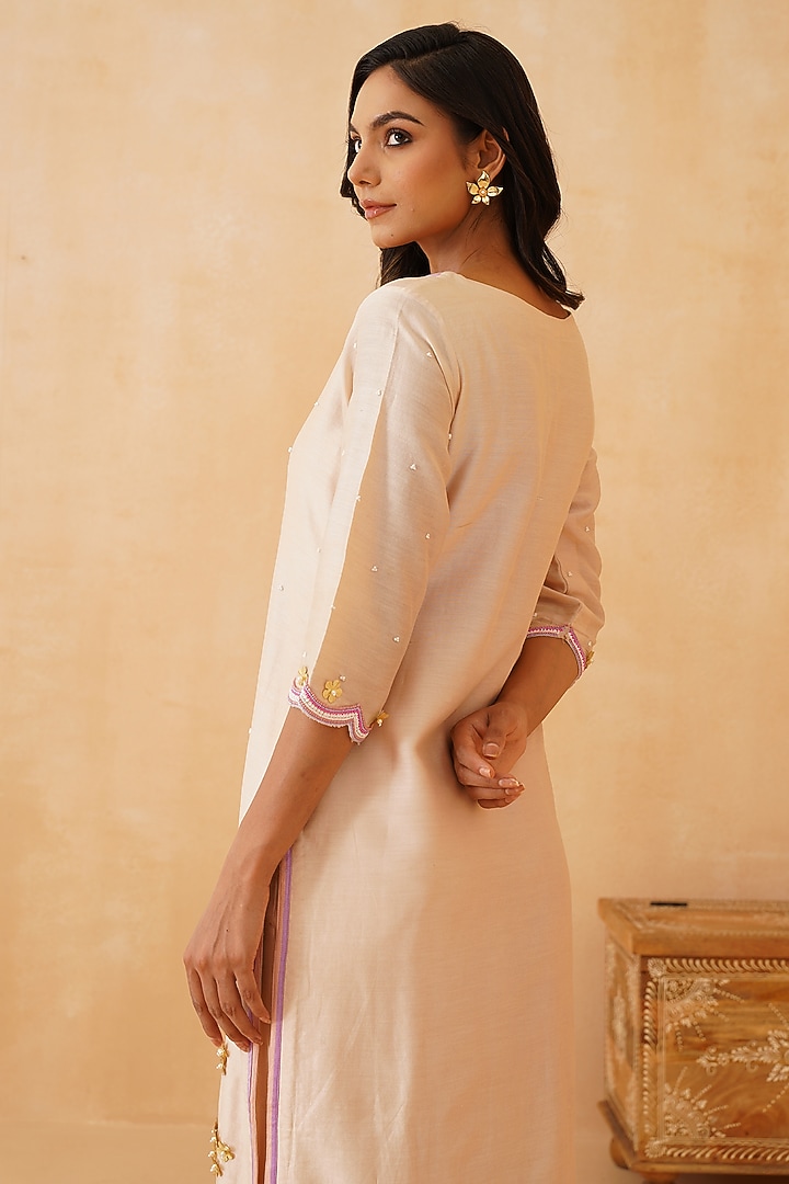 Beige Chanderi Embroidered Kurta Set by Rishika Singh at Pernia's Pop Up Shop