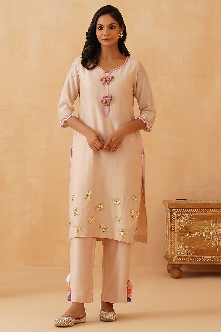 Beige Chanderi Embroidered Kurta Set by Rishika Singh at Pernia's Pop Up Shop