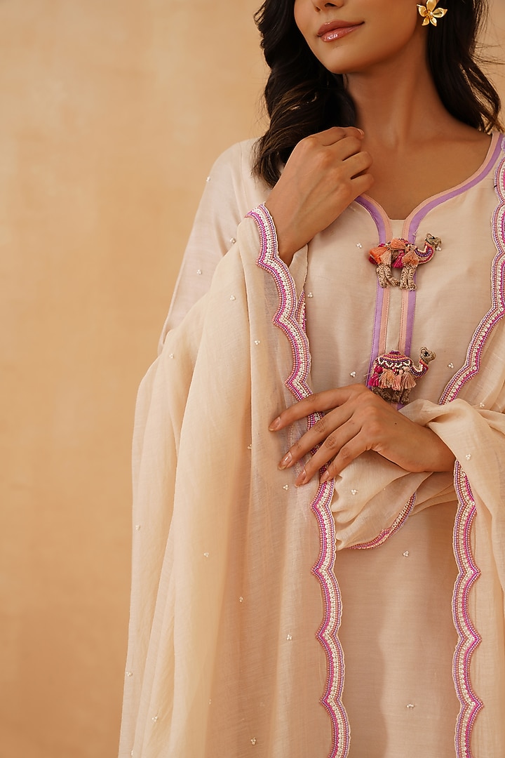 Beige Chanderi Embroidered Kurta Set by Rishika Singh at Pernia's Pop Up Shop