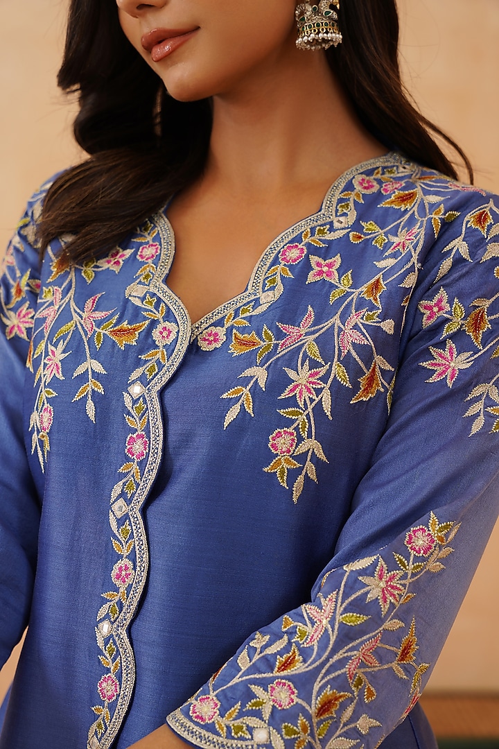 Blue Chanderi Floral Embroidered Asymmetric Kurta Set by Rishika Singh at Pernia's Pop Up Shop