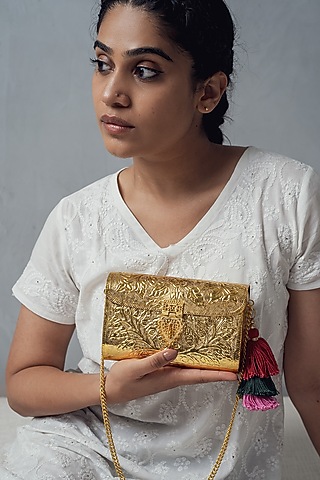 Gold Brass Carved Clutch by RITI