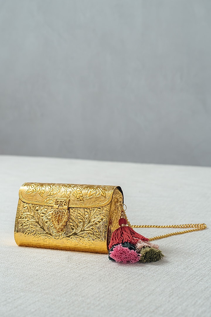 Gold Brass Carved Clutch by RITI at Pernia's Pop Up Shop