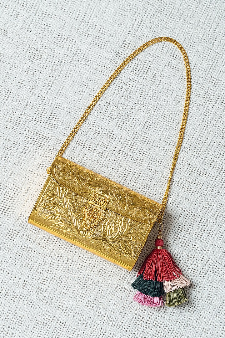 Gold Brass Carved Clutch by RITI at Pernia's Pop Up Shop