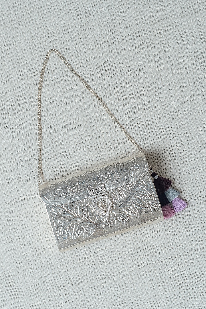 Silver Brass Carved Clutch by RITI at Pernia's Pop Up Shop