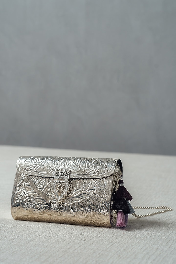 Silver Brass Carved Clutch by RITI at Pernia's Pop Up Shop
