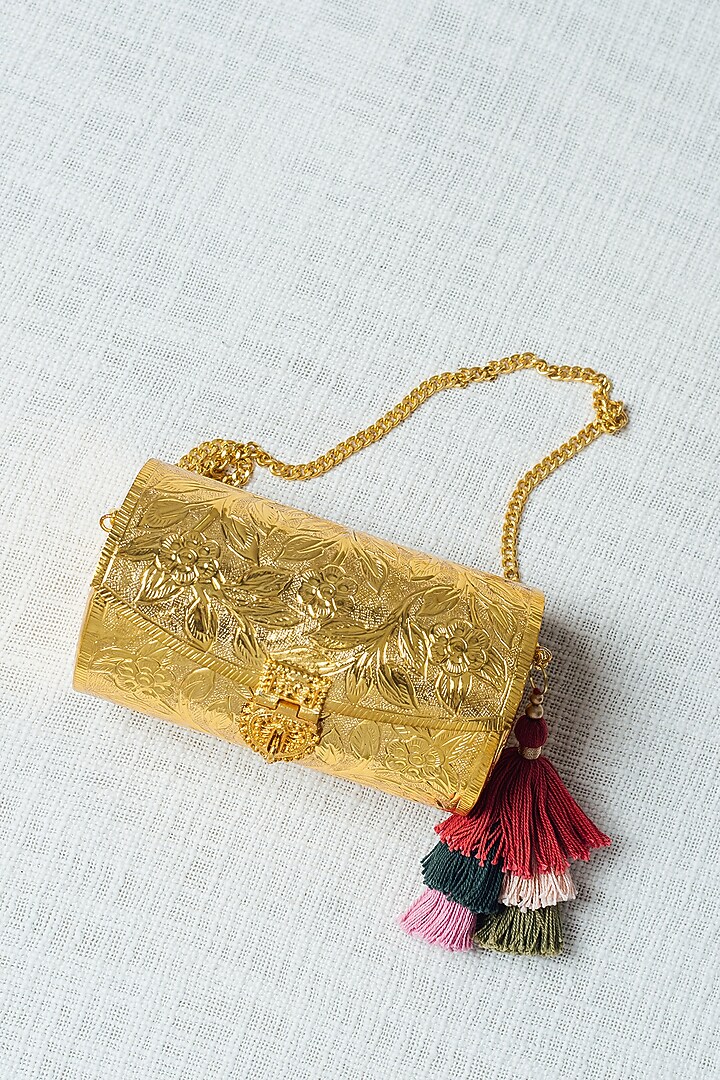 Gold Brass Carved Clutch by RITI at Pernia's Pop Up Shop