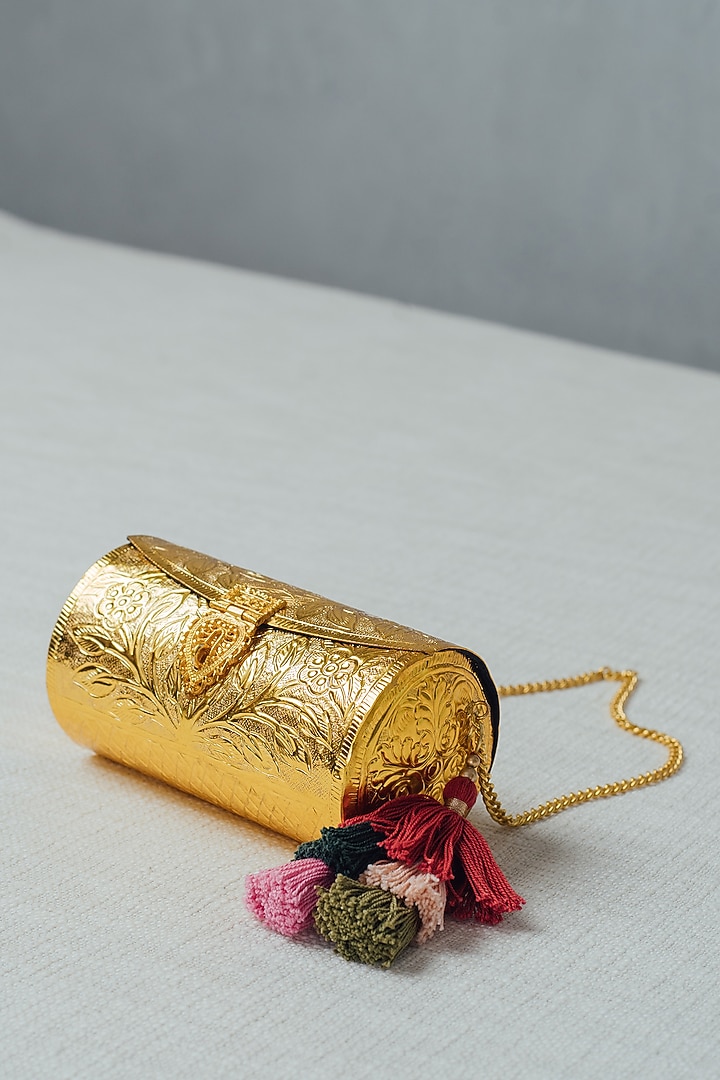 Gold Brass Carved Clutch by RITI at Pernia's Pop Up Shop