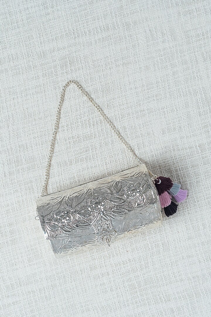 Silver Brass Carved Clutch by RITI at Pernia's Pop Up Shop