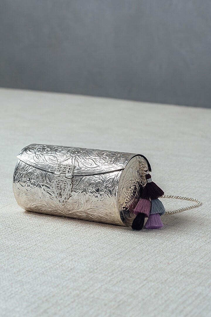Silver Brass Carved Clutch by RITI at Pernia's Pop Up Shop