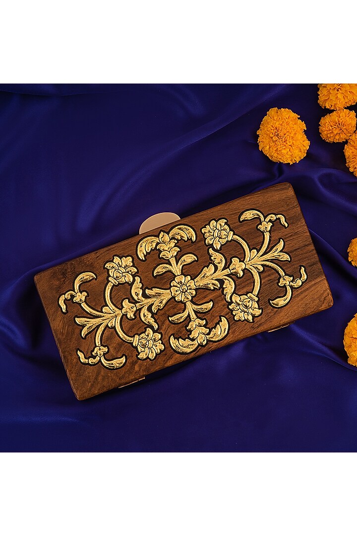 Brown Wood Foil Work Clutch by RITI at Pernia's Pop Up Shop