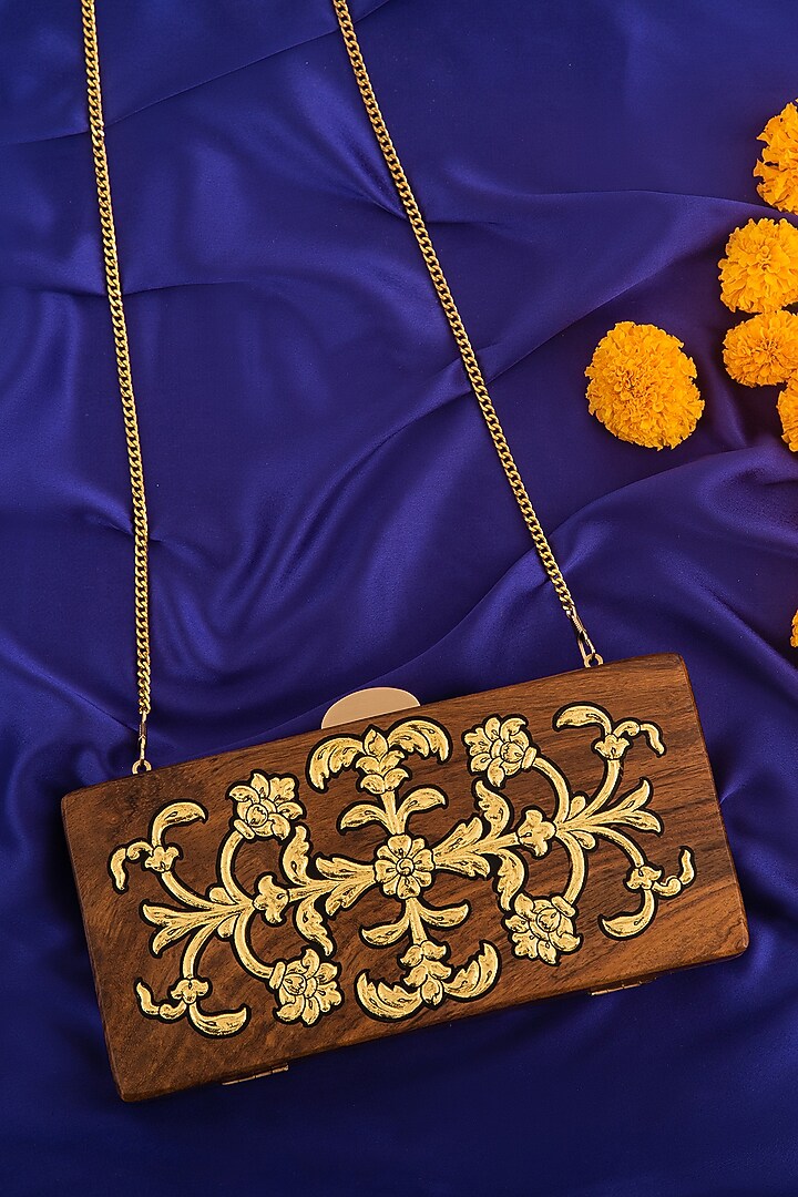 Brown Wood Foil Work Clutch by RITI at Pernia's Pop Up Shop