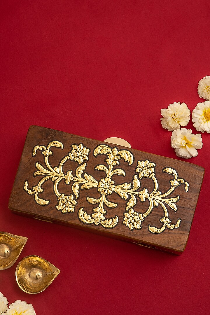 Brown Wood Foil Work Clutch by RITI at Pernia's Pop Up Shop