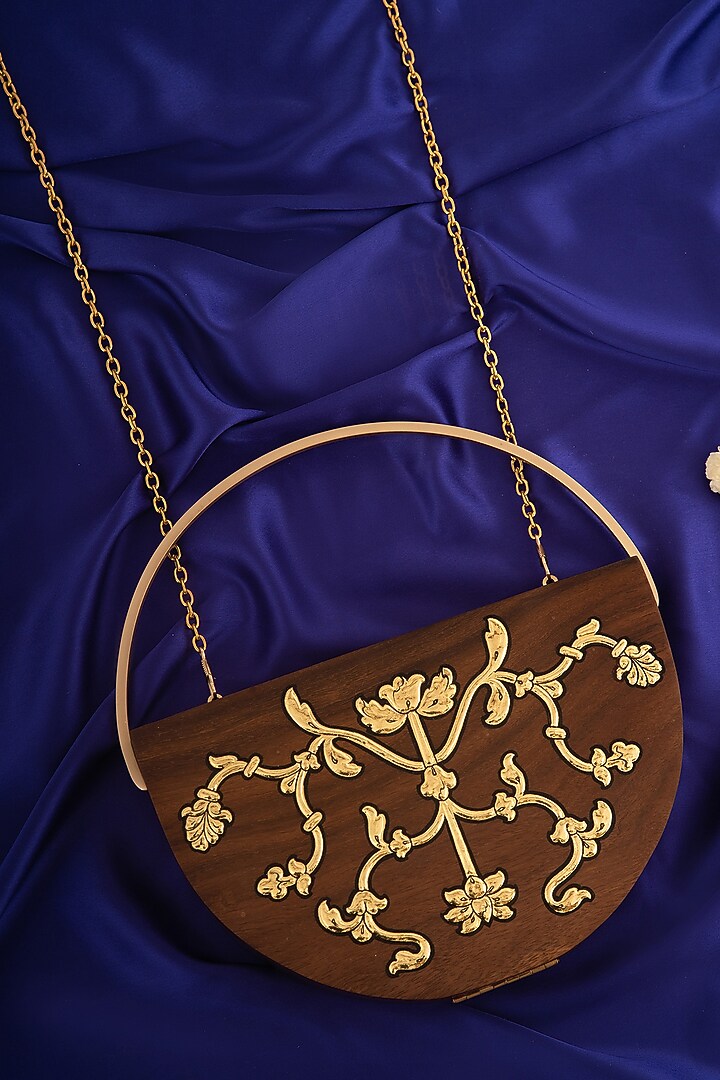 Brown Wood Foil Work Clutch by RITI at Pernia's Pop Up Shop