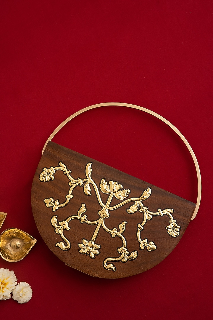 Brown Wood Foil Work Clutch by RITI at Pernia's Pop Up Shop