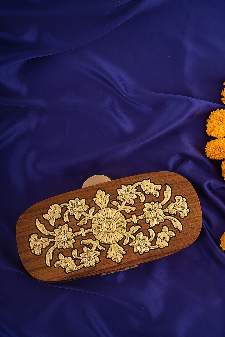 Brown Wood Foil Work Clutch by RITI at Pernia's Pop Up Shop