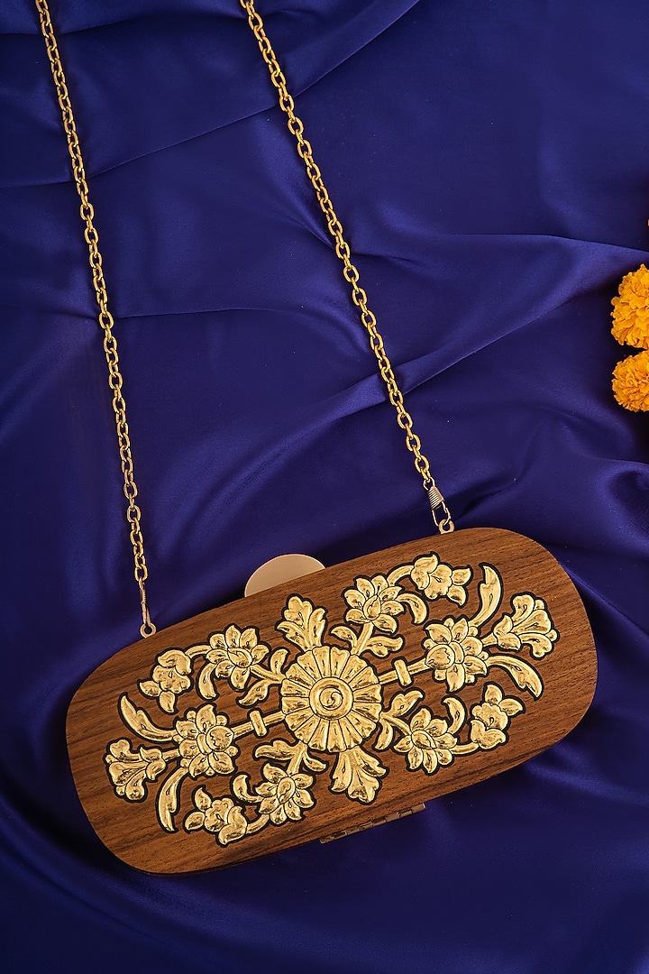 Brown Wood Foil Work Clutch by RITI at Pernia's Pop Up Shop