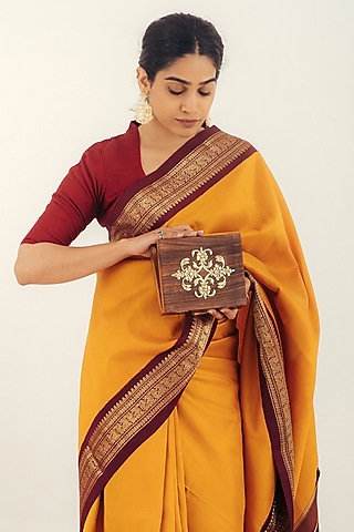 Brown Wood Foil Work Clutch by RITI