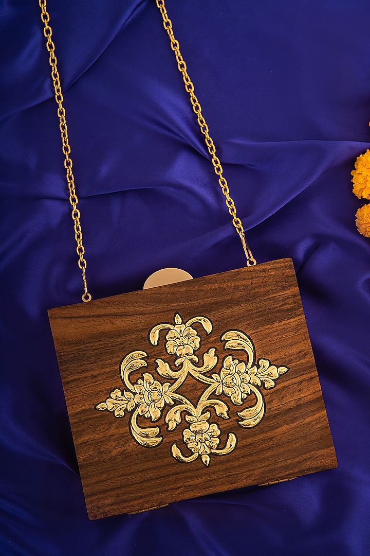 Brown Wood Foil Work Clutch by RITI at Pernia's Pop Up Shop