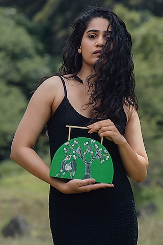 Green Wood Handpainted Clutch by RITI