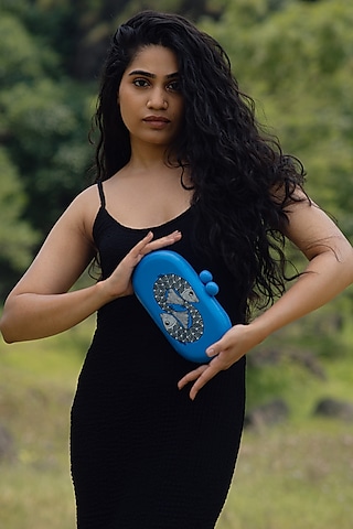 Blue Wood Handpainted Clutch by RITI