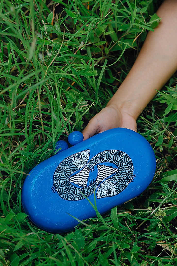 Blue Wood Handpainted Clutch by RITI at Pernia's Pop Up Shop