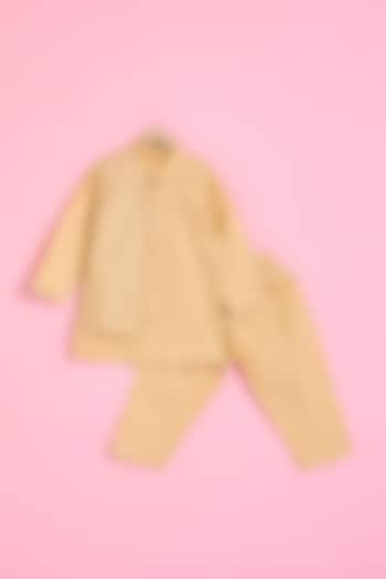 Beige Cotton Satin Embossed Layered Kurta Set For Boys by Ritu n Usha at Pernia's Pop Up Shop