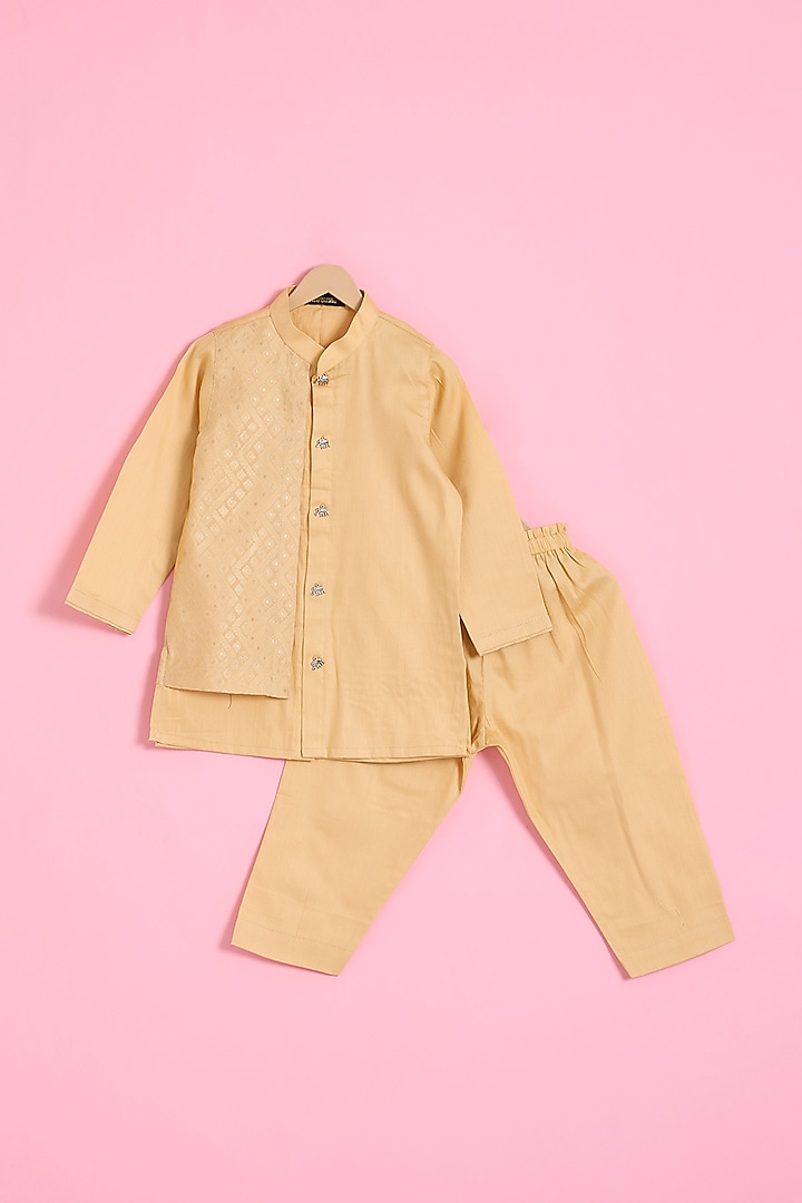 Beige Cotton Satin Embossed Layered Kurta Set For Boys by Ritu n Usha at Pernia's Pop Up Shop
