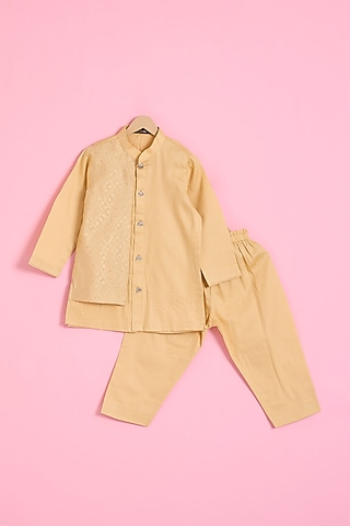 Beige Cotton Satin Embossed Layered Kurta Set For Boys by Ritu n Usha