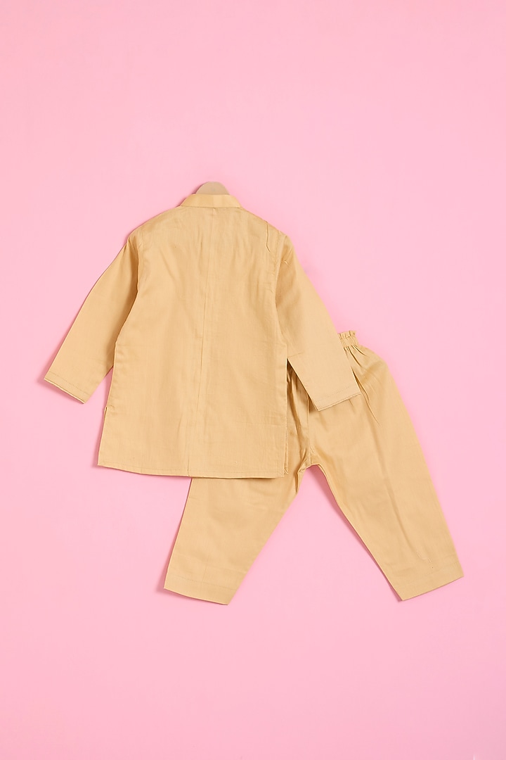 Beige Cotton Satin Embossed Layered Kurta Set For Boys by Ritu n Usha at Pernia's Pop Up Shop
