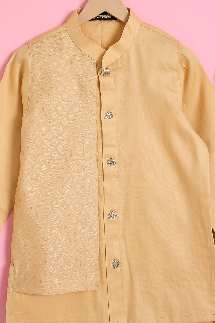 Beige Cotton Satin Embossed Layered Kurta Set For Boys by Ritu n Usha at Pernia's Pop Up Shop