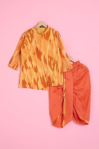 Orange Muslin Printed Kurta Set For Boys by Ritu n Usha