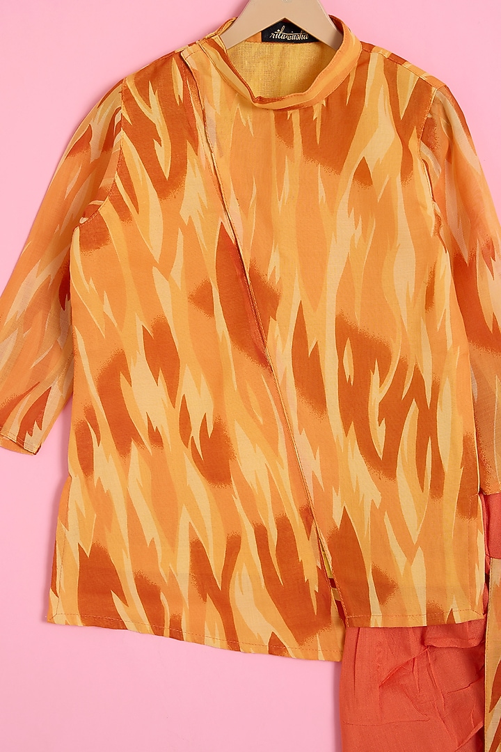 Orange Muslin Printed Kurta Set For Boys by Ritu n Usha at Pernia's Pop Up Shop