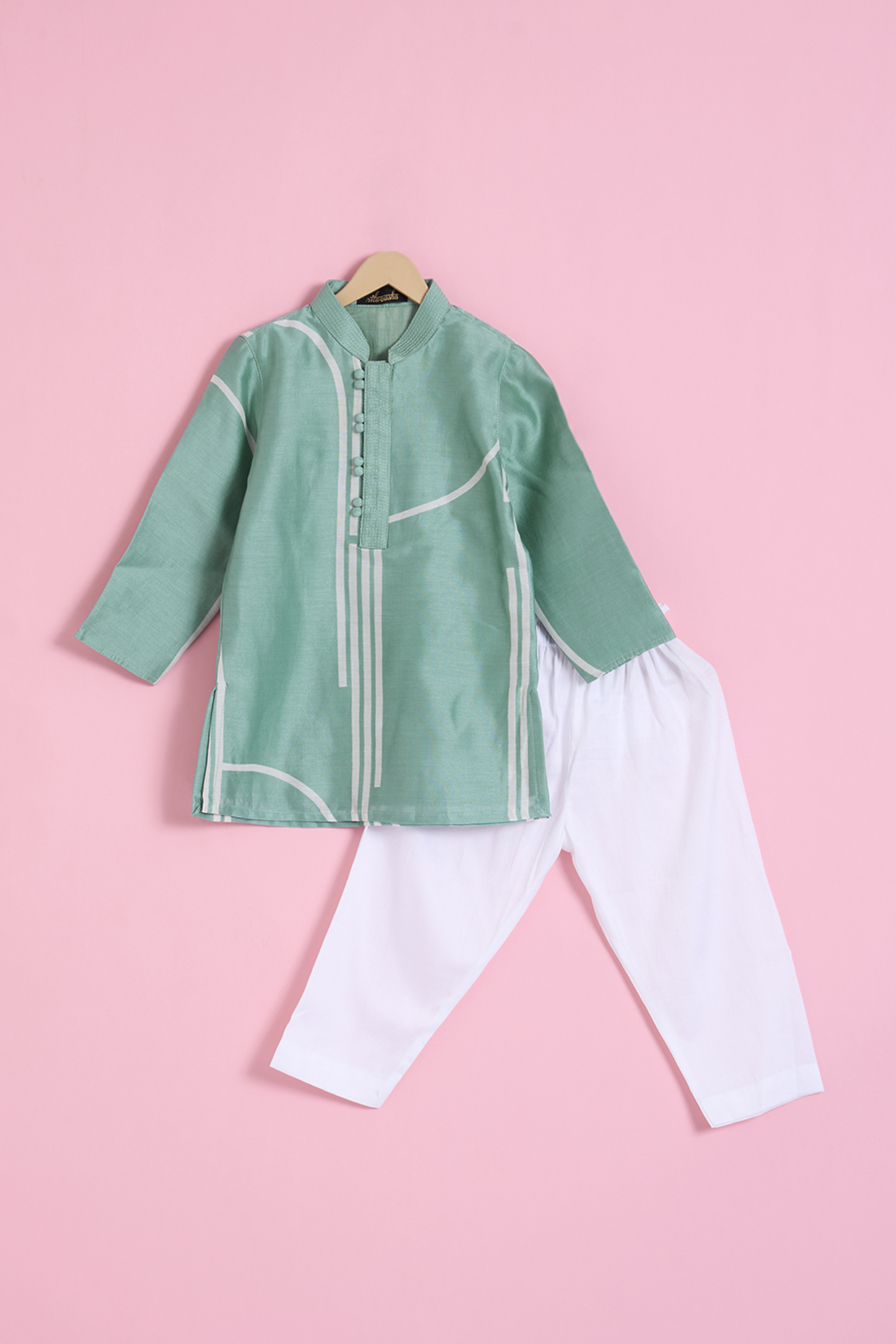 Green Cotton Muslin Kurta Set For Boys by Ritu n Usha