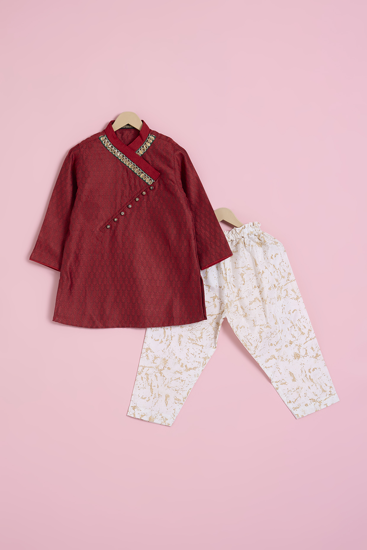 Maroon Self Jacquard Hand Embroidered Kurta Set For Boys by Ritu n Usha
