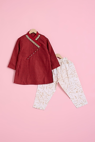 Maroon Self Jacquard Hand Embroidered Kurta Set For Boys by Ritu n Usha