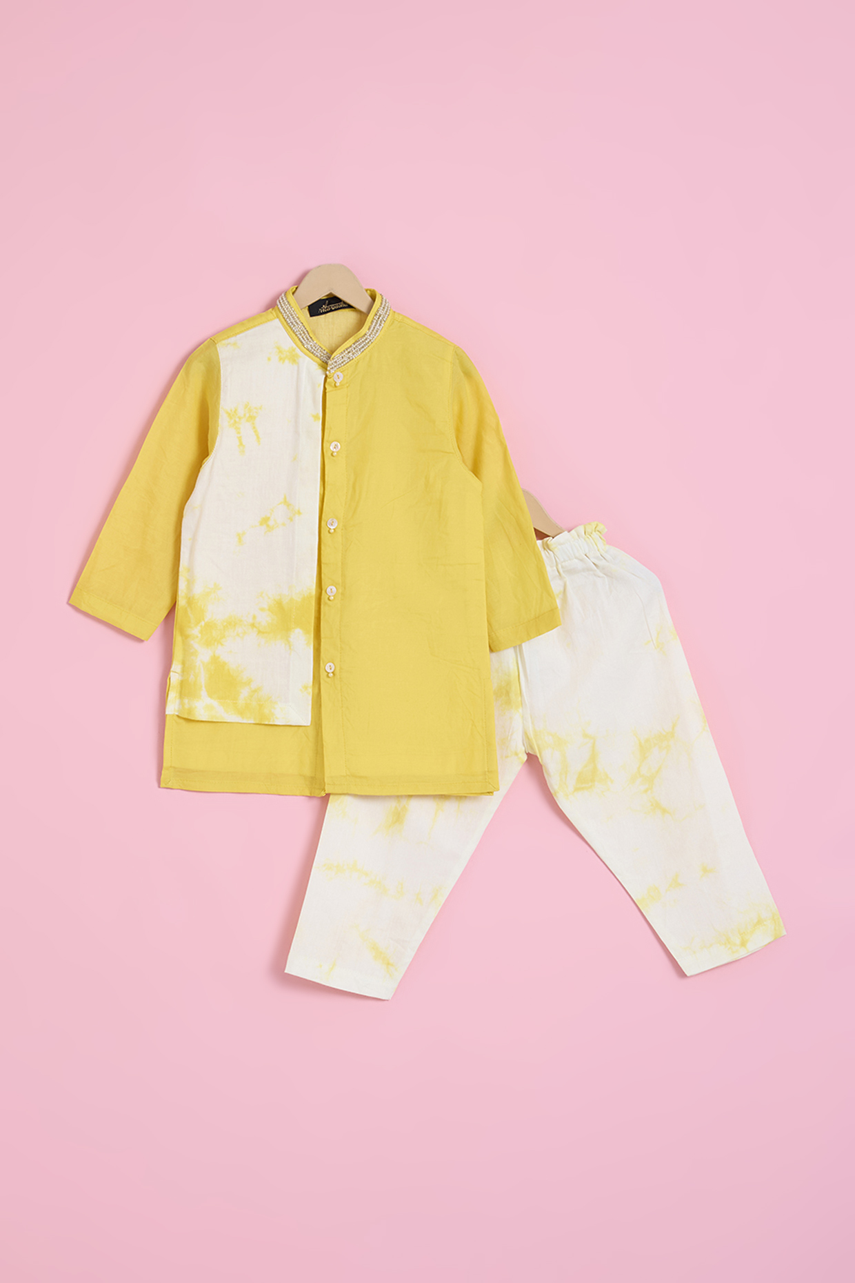 Yellow Muslin Tie-Dye Kurta Set For Boys by Ritu n Usha